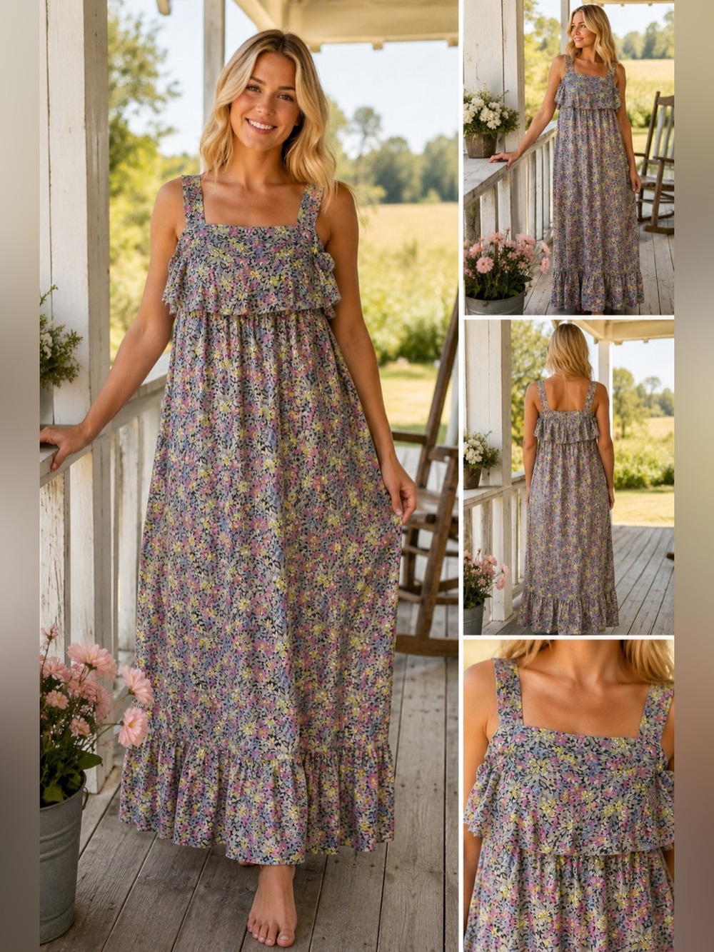 Vintage Sears Floral Maxi Dress Cottagecore Prairie Boho Ruffle Sleeveless M L - Picture 9 of 9